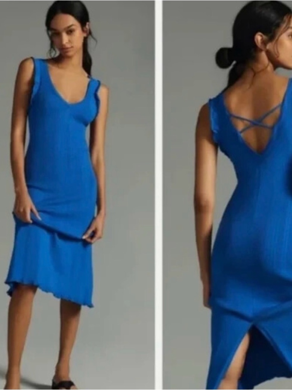 Anthropologie Electric Blue Ribbed V‑Neck Midi Dress